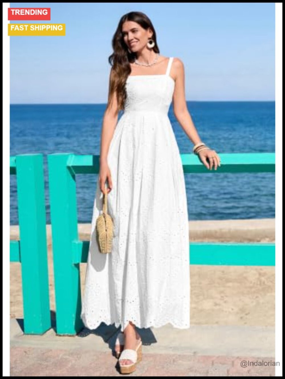 Sleeveless Eyelet Maxi Dress Adjustable Spaghetti Strap A-Line Sundress with - Picture 5 of 6